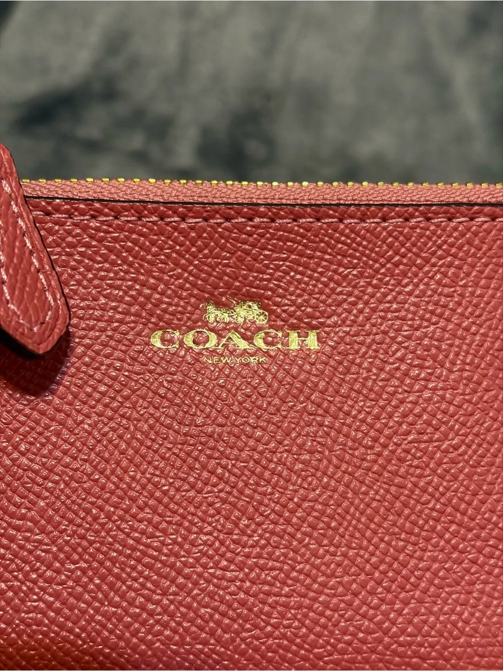Coach Pebbled Leather Zip Card Case Keyring in Coral Pink with Gold Hardware